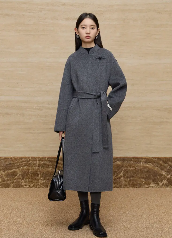 Elegant ladies grey coat with white embellishments - casual stand collar, double sided, long autumn/winter coat, not stretching fabric