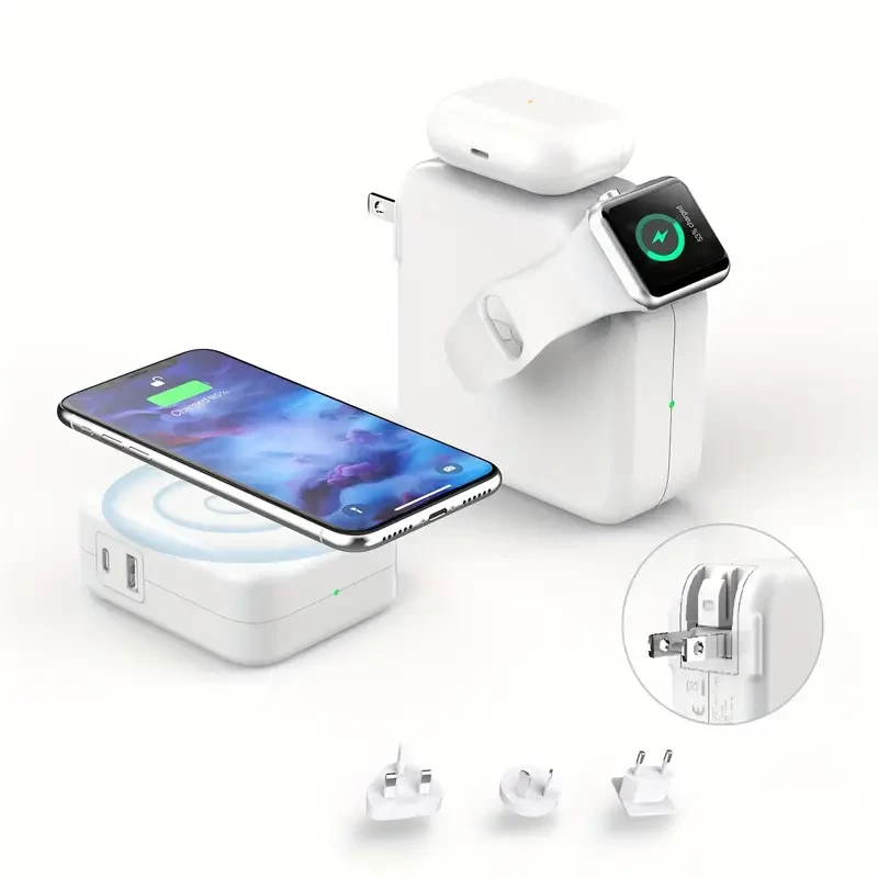 Fast Charging Adapter With USB C, Wireless Charger 4 In 1 For Multiple For Apple Devices, PD 3.0 QC 4.0+ & GaN Tech Dual Port USB C Wall Charger With Power Bank For MacBook, IPhone, Iwatch, Airpods