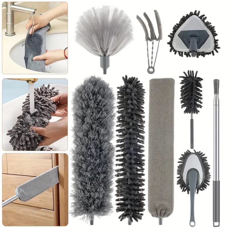 9pcs/set, Microfiber Dusters With Extension Pole, Retractable Dust Removal Brush, Bendable Head Microfiber Dusting Brush, Reusable Washable Ceiling Fan Duster For High Ceilings, Furniture ,car, Cleani
