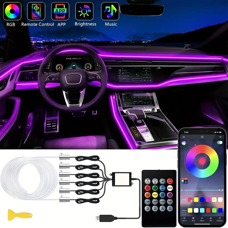 Car Interior LED Strip Lights,RGB 6 In 1 With 315 Inches Fiber Optic,Ambient Lighting Kits,16 Million Colors Car Neon Lights,Sync To Music APP Control
