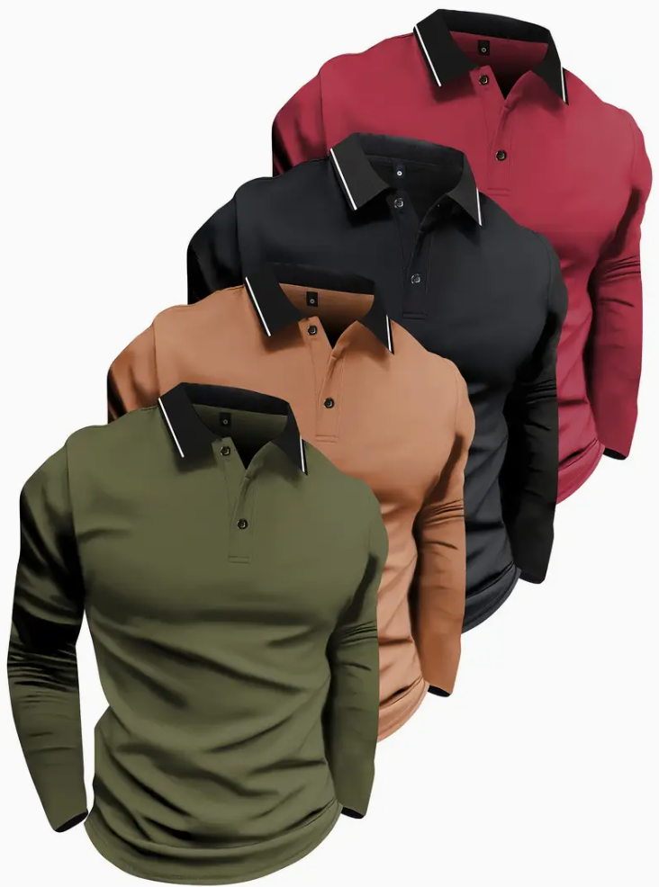 4-piece Men's long-sleeved shirt - stylish casual button-up top in solid colors (black, dark blue, red, brown), lightweight polyester blend, perfect for spring and fall outdoor activities