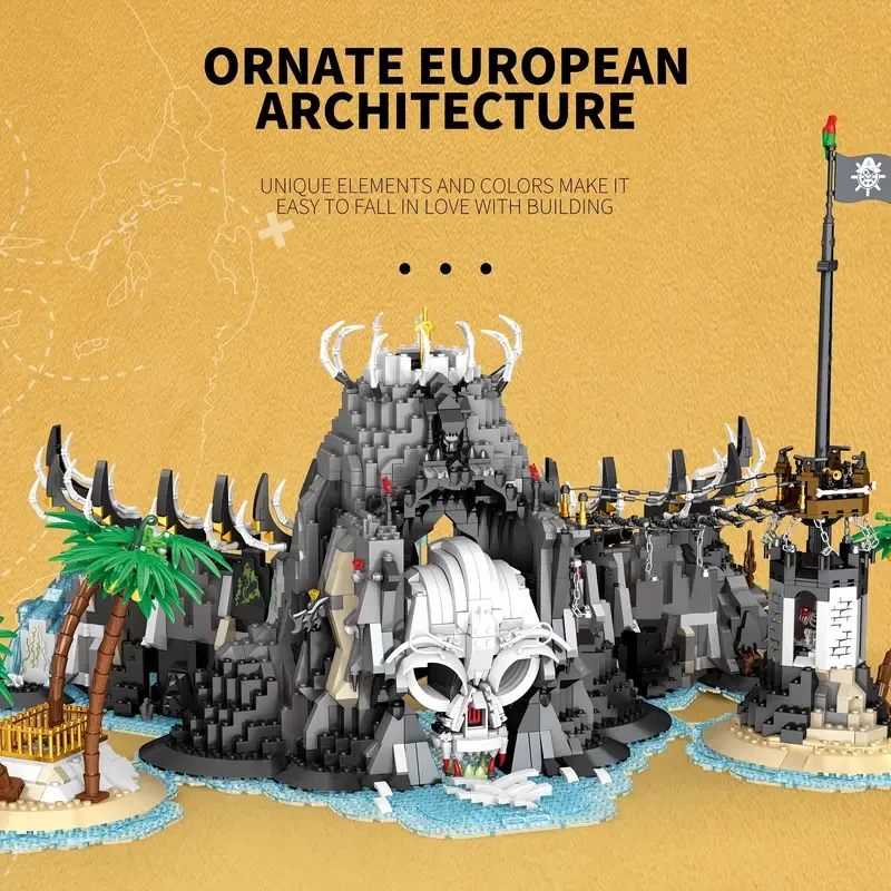 Reobrix 2960pcs Building Block Pirate Bay Skull Island Adventure Creative Ship Island Horror Island Building Block Model Toy Halloween Gift Adult Collection Building Block Desktop Decoration