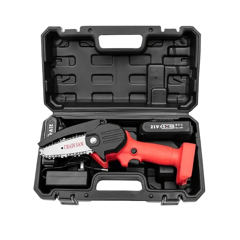 Mini 4inch Chainsaw Cordless, Handheld Mini Chain Saw For Wood Cutting Tree Trimming, Battery Powered Electric Chainsaw, With 2 Batteries, Black/Red