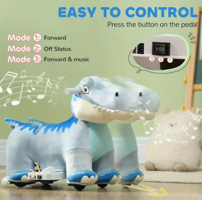 Qaba 6V Electric Ride Animal Battery powered dinosaur ride toy with music forward PU wheel pedal, suitable for girls boys, blue 1 piece sold