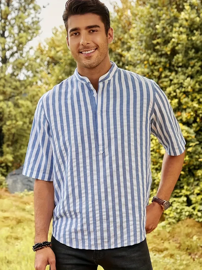 Casual Striped Men's Short Sleeve Shirt With Stand Collar & Button, Summer Holiday
