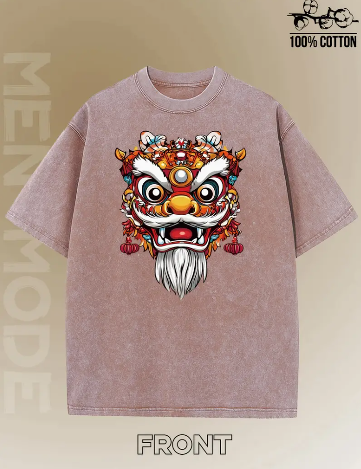 Lion dance pattern printed men's fashion off shoulder sleeve High quality 230g heavy weight 100% cotton Washed short sleeve to do old pure cotton wash technology street feng shui wash T-shirt