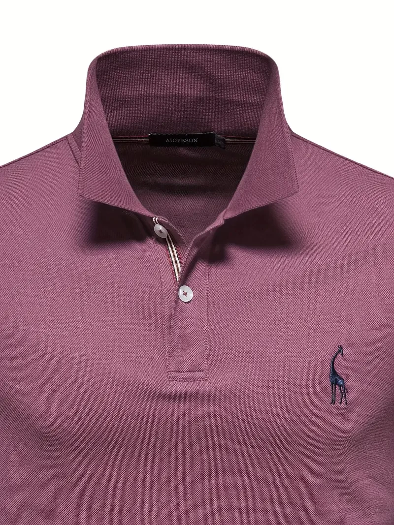 Men's Solid Giraffe Embroidery Short Sleeve Lapel Shirts, Men's Fashion Leisurewear For Spring Fall Golf Sports
