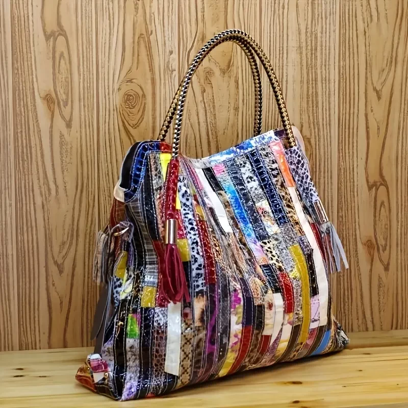 Snake Pattern Colorblock Stitching Bag, Niche Retro Hobo Satchel Bag, Top Handle Bag For Women