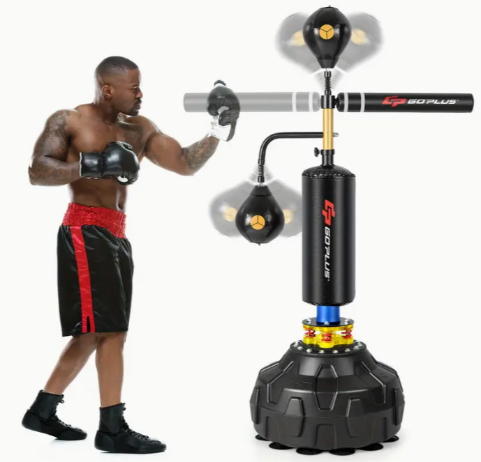 The boxing speed trainer is individually filled with a 360° rotating bar with adjustable height