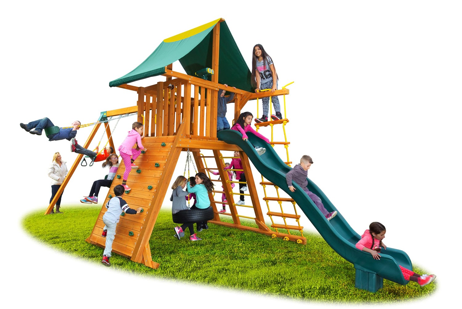 Extreme Swing Set - Solid Cedar Jungle Gym | Large Tower, Rock Climbing Wall, Wave Slide, Tire Swing