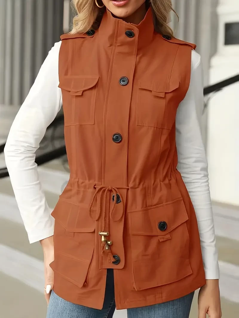 Solid Flap Pockets Drawstring Vest, Versatile Sleeveless Zipper Vest For Spring & Fall, Women's Clothing