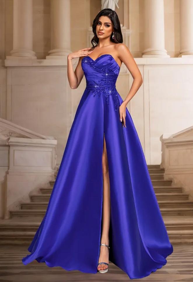 Elegant satin strapless A-line dress with high slits and sequin details, Evening dress Elegant, Ladies Evening Dress, Elegant Party Dress, Ladies Ball Dress, Formal dress