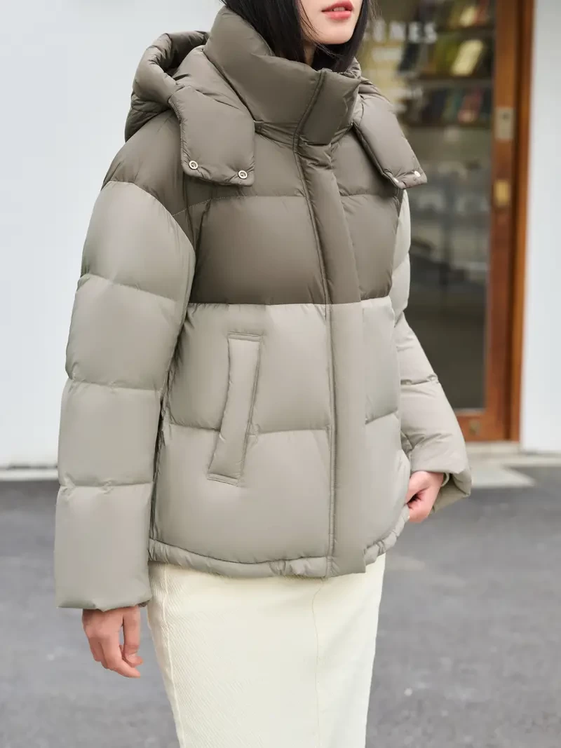 Color Block Warm Hooded Coat, Casual Stand Collar Long Sleeve Outerwear, Women's Clothing
