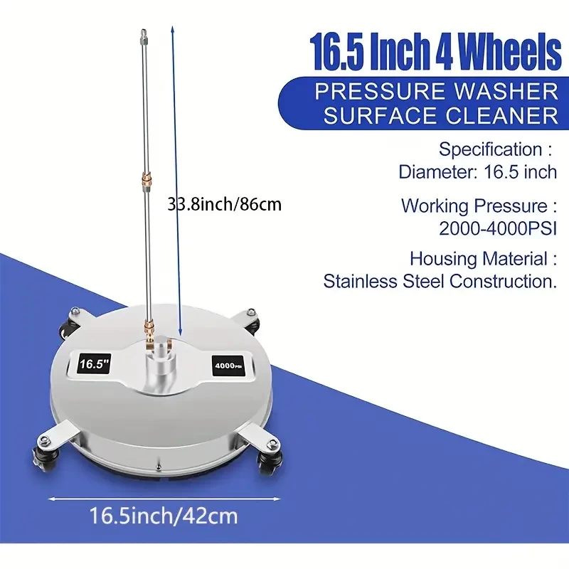 1pc High Pressure Washer Surface Cleaner With 4 Wheels 1/4" Quick Connect Stainless Steel Housing Power Washer Surface Cleaner With 2pcs Replacement Nozzles, 2pcs Connecting Rods 43cm, 4000psi