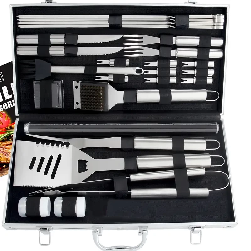 28pcs Heavy Duty Stainless Steel BBQ Accessories Set with Thermometer - Perfect Gift for Birthday, Wedding, and Outdoor Cooking - Includes Grill Set, Thermometer, and Cookware Accessories for Camping,